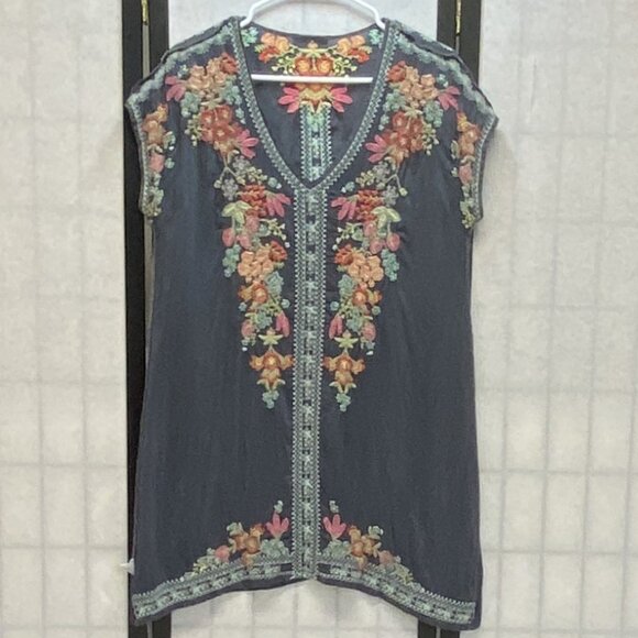 Johnny Was Cap Sleeve V Neck Embroidered Sheer Heidi Tunic Kaftan Blue Grey S - Picture 6 of 13
